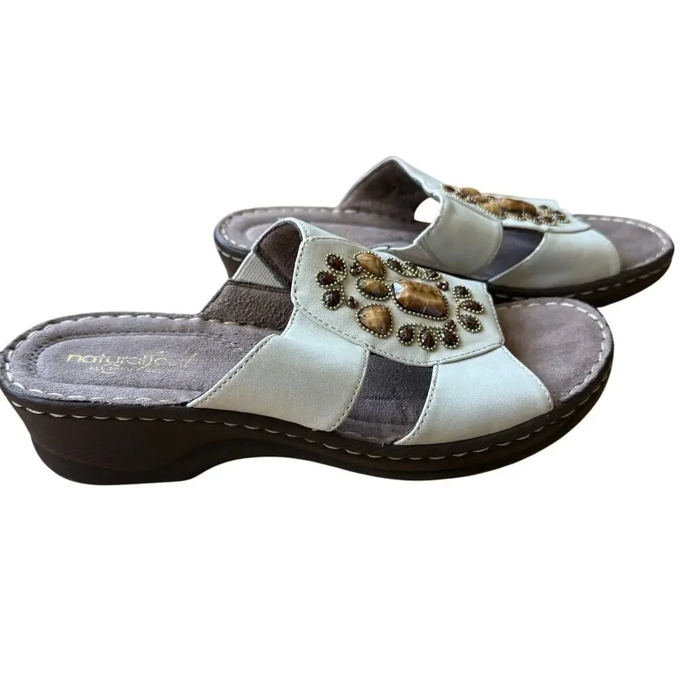 Natural Soul Cream Saymore Slide On Beaded Open Toe Mule Sandals Sz 8.5 Comfort